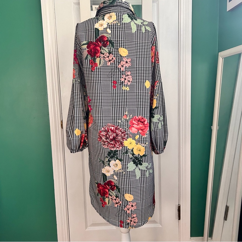 Spence Black/White Herringbone Plaid with Vibrant Florals Dress 4 NWT - Picture 3 of 13